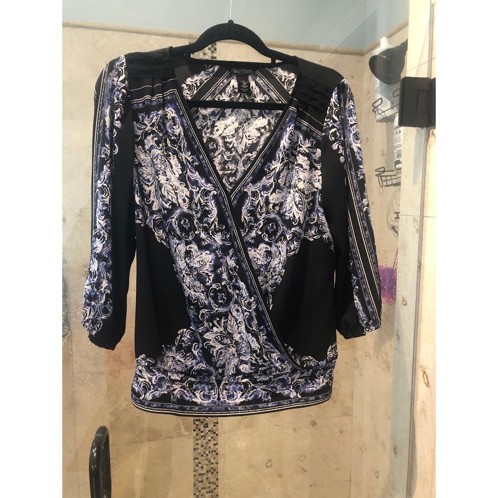 White House Black Market Blue Paisley Mock Wrap Peasant Blouse 8 M